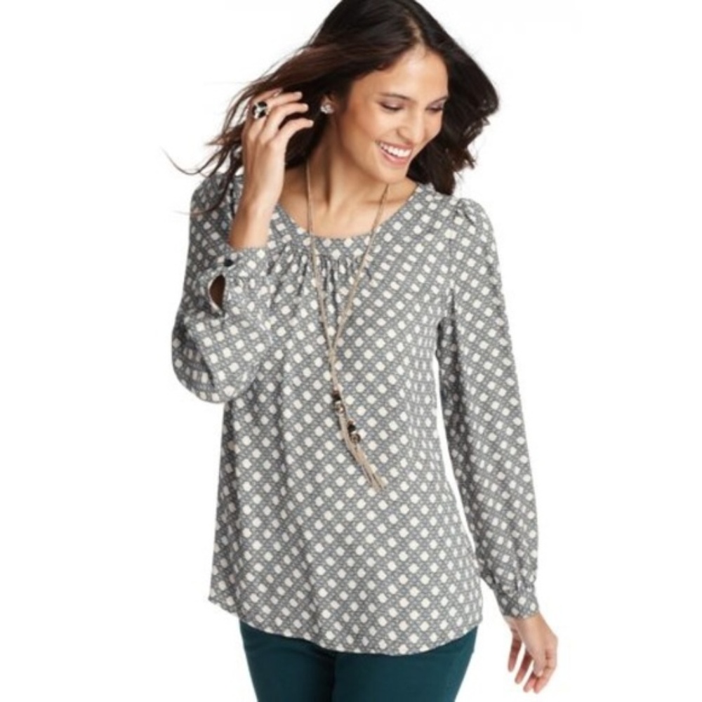 Loft Geo Print tie back long sleeve blouse